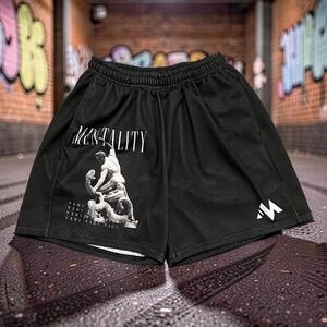 Mentality Veni Vidi Vici Mesh Athletic Shorts Black Graphic Mens Large 5" Inseam